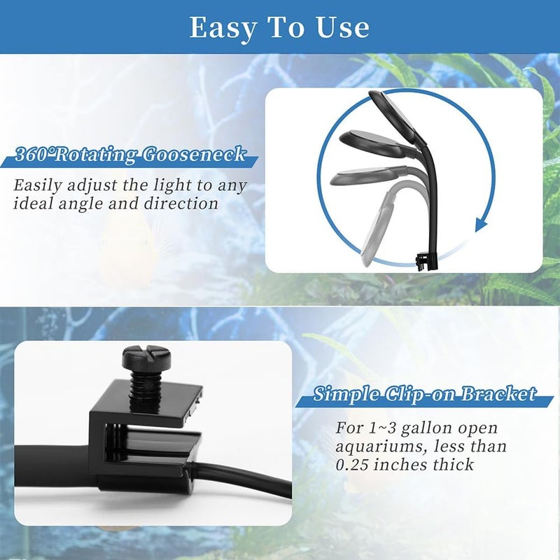 DATOO Mini Clip On Aquarium Light 7W Dimmable Small Fish Tank Light USB Moving Lamp with White Red Blue Green LED for 1 to 3 Gallon Tanks - Image 4